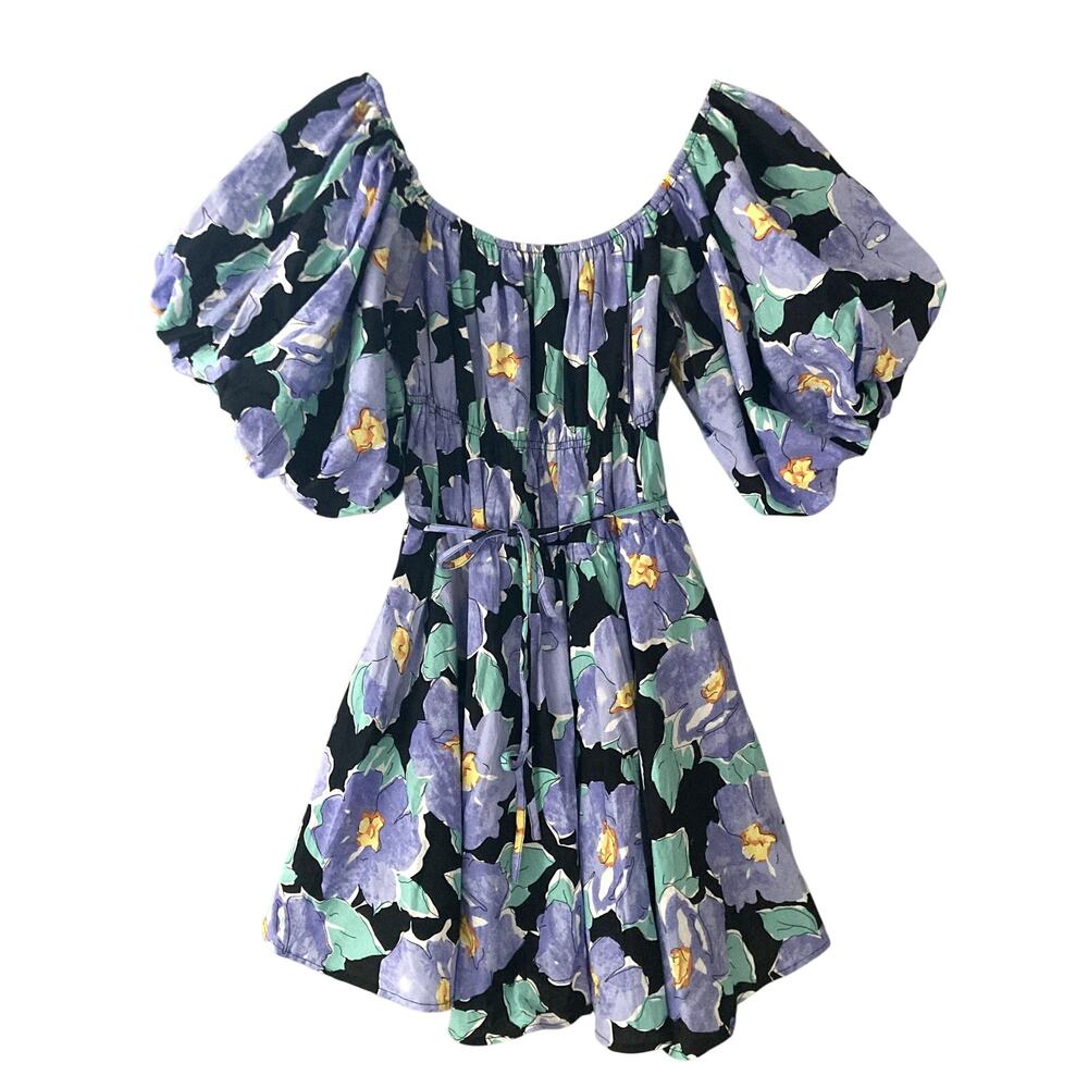 Vintage-Inspired Purple Floral Off-Shoulder Mini Dress with Puff Sleeves